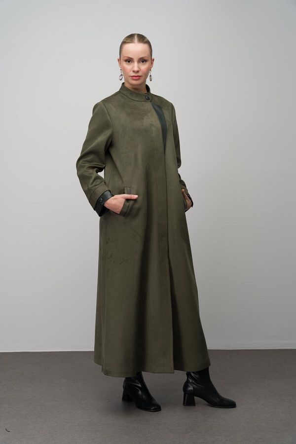 Olcay-Plus Size Suede Look Leather Top Coat - Khaki 6671 1