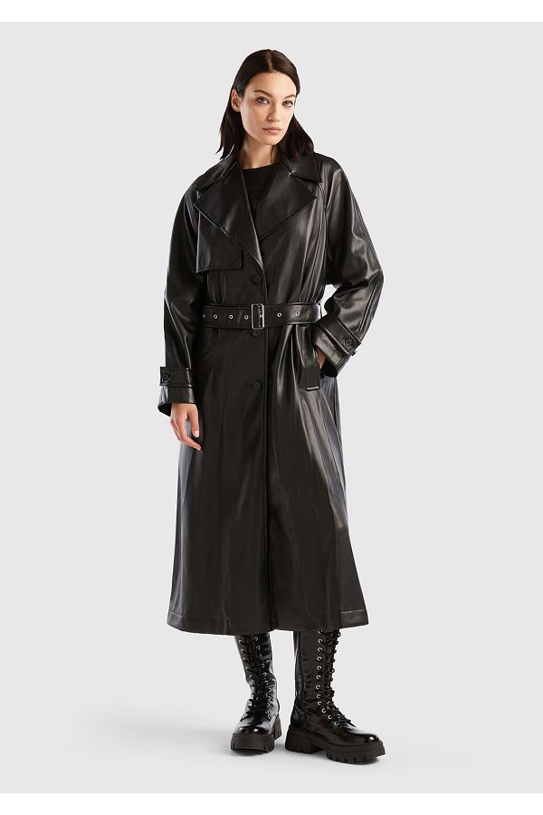 United Colors of Benetton Black Faux Leather Women s Trench Coat Lined Trendyol