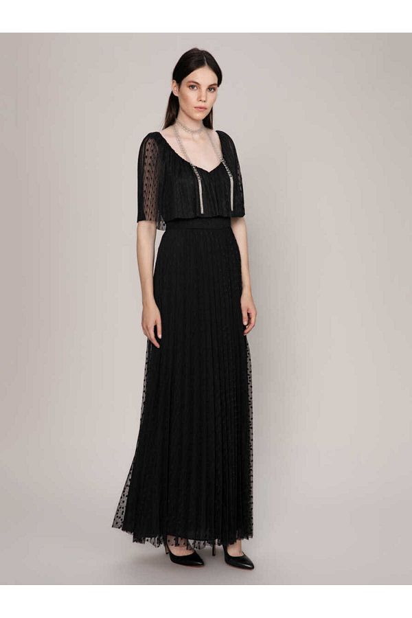 Roman-Polka Dot Detailed Pleated Long Engagement Dress Black K1911528_001 1