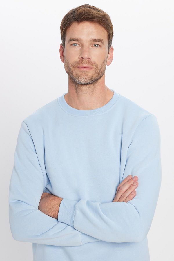 Tudors-Unisex Oversize Wide Cut Cotton Soft Textured Inside Fleece Basic Blue Crew Neck Sweatshirt 1