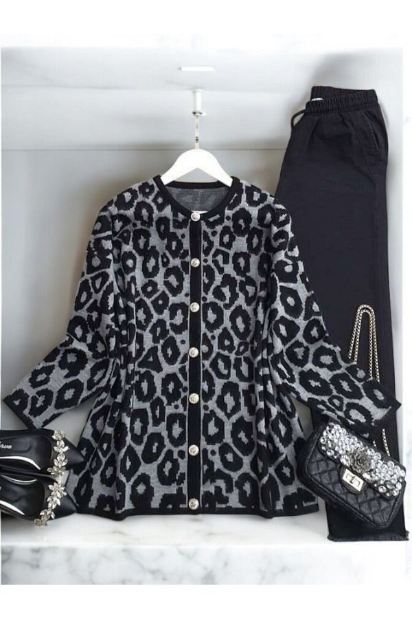 UMS CONCEPT-Shahin Top Button Leopard Cardigan 8128 1