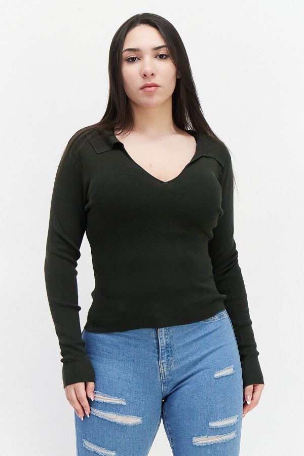 French Connection-Women V-neck Textured Sweater, Olive 1