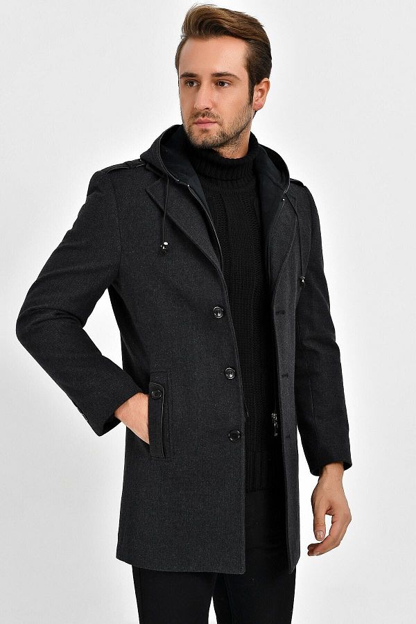 DYNAMO-Men's Black Wool Blended Patterned Cashmere Hooded Zippered Front and Buttoned Coat 1