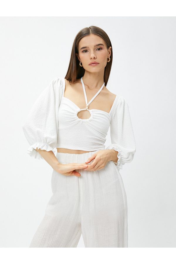 Koton-Kurze Bluse mit elastischem Ballonärmelkragen und Details 1
