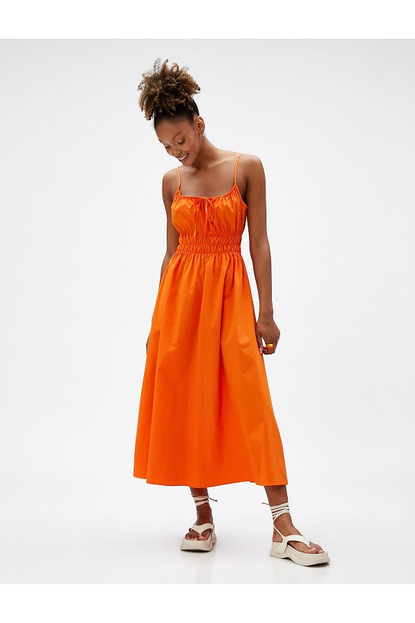 Koton-Midi Dress with Thin Straps and Window Detail, Elastic Waist and Bow Detail 1