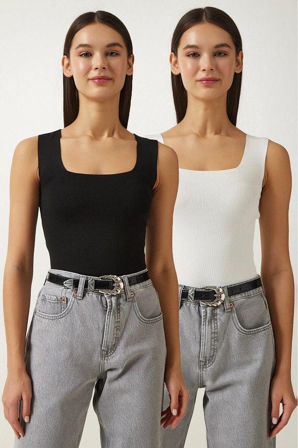 Happiness İstanbul-Schwarz-weiße Damen-Strickbluse mit quadratischem Kragen und dicken Trägern im 2er-Pack US00822 1