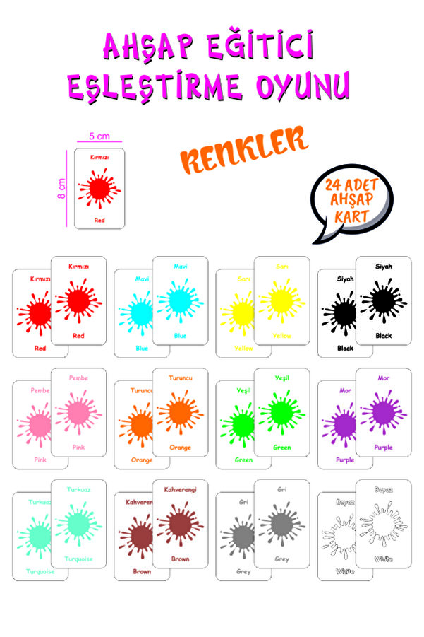 Leelii Tasarım Renkler Ahşap Hafıza Eşleme Kartları 12 Renk 24 Kart Türkçe - İngilizce Hafıza Oyunu