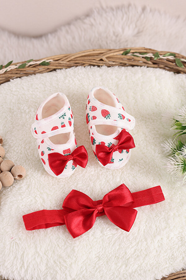 LaLaLandİZ Kız Bebek Kırmızı Çilek Bandana Saç Bandı Patik Ayakkabı (0-6 Ay) Takım