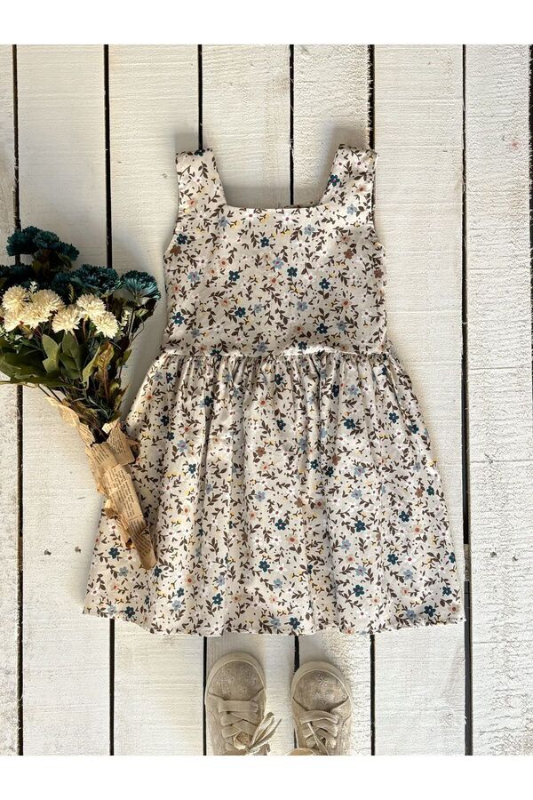 KÜÇÜĞÜM BUTİK Gri-kahve Çiçekli Askılı Kare Yaka Kız Çocuk Jile