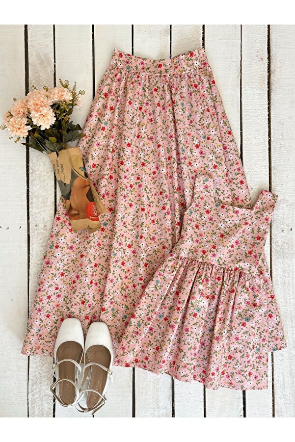 KÜÇÜĞÜM BUTİK Pudra Çiçekli Poplin Anne Etek Ve Kız Çocuk Elbise Kombini (TEKLİ SATILMAKTADIR)