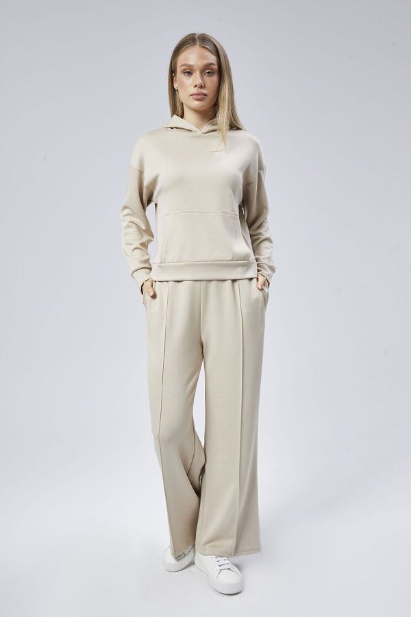 soBasic-Beige Color - Wide Leg Tracksuit Set with Modal Fabric, Kangaroo Pockets and Hood-Xl 1