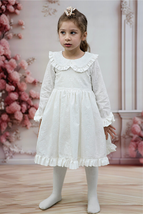 melek golden Beyaz uzun Kollu Fisto Bluzlu  Kız Çocuk Elbise