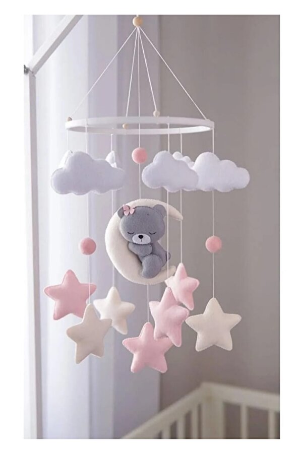 ebebisler Pembe  yıldızlı  uyuyan ayıcıklı bebek beşik dönencesi , bebek beşik dönencesi