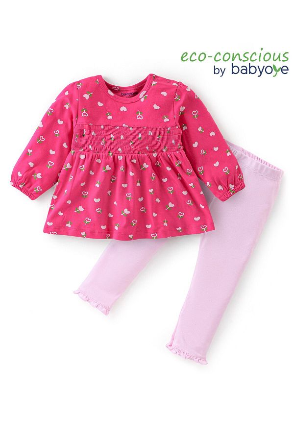 Babyoye-Eco Conscious 100% Cotton Full Sleeves Top & Legging Heart Print - Pink & White 1