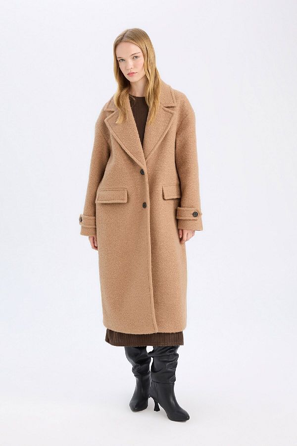 DeFacto-Regular Fit Long Stamp Coat Epaulettes Jacket with Lapel Pockets Button D4016Ax24Wn 1