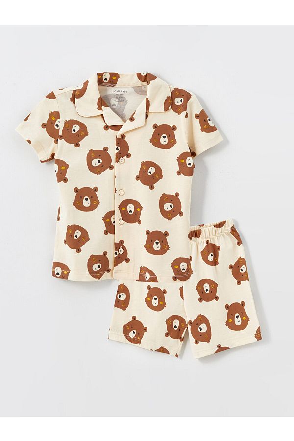 LC Waikiki-Lcw Baby Boy Polo Collar Pajama Set with Shorts - Beige Printed 1
