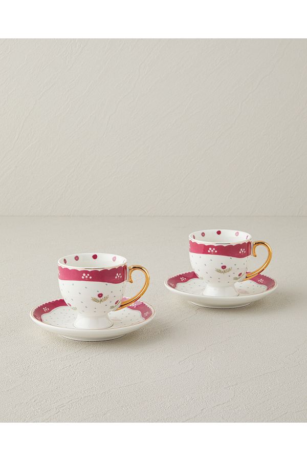 English Home-Retro virágos New Bone China 4 részes 2 személyes kávéscsésze készlet 100 ml fehér - bordópiros 1
