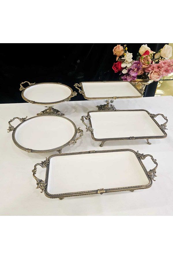 MaviDamla-Antique Yellow 5 Piece Porcelain Presentation Set with Handles - Edge Frame 1