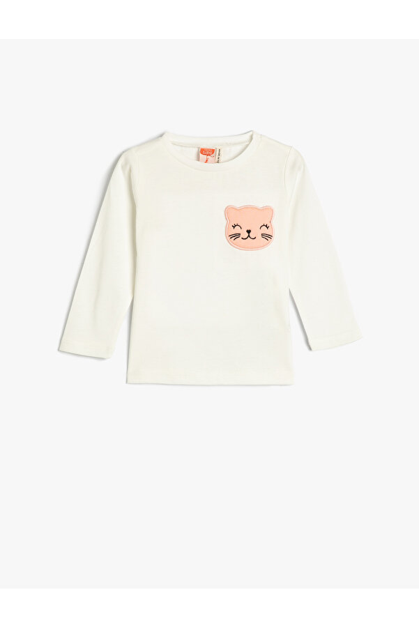 Koton Uzun Kollu Tişört Pamuklu Bisiklet Yaka Kedi Aplike Detaylı