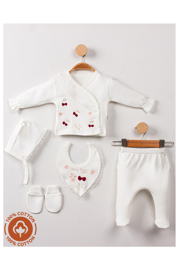 Miniel Kız Bebek Yeni Doğan Dantel Detaylı Kiraz Nakışlı Lora Şapkalı 5'li Hastane Çıkış Seti