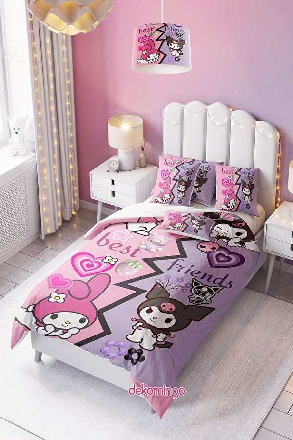 dekomingo Best Friends Kuromi My Melody Desenli Nevresim Takımı (Çarşafsız) – 155x220 / 50x70 cm Yastık Kılıfı