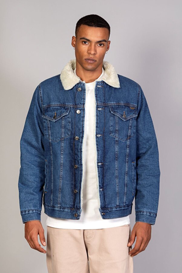 Little Cup Men's Fur Lined Inner Quilted Oversize Dark Blue Denim