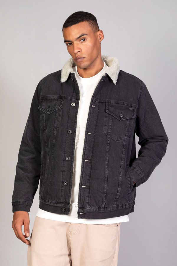 Black denim jacket with white fur deals