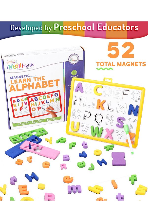Intelliskills-مجموعة الأبجدية المغناطيسية Intelliskills - 55 قطعة، لوحة الكتابة والمسح للأطفال من سن 3 سنوات فما فوق 1