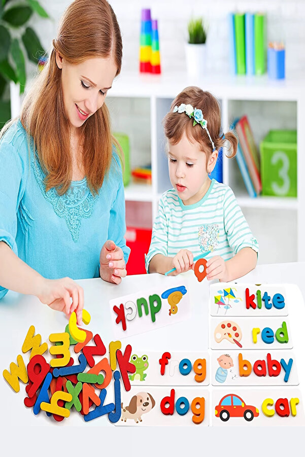 Hyd İngilizce Kelime Bulmaca Eşleştirme Yazma Kartları ve Ahşap Harfler Montessori Eğitici Oyuncak