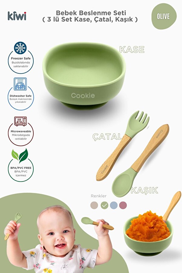 Kiwi 3 parça Kase Çatal Kaşık Beslenme Seti - Doğal Silikon BPA içermez- Olive