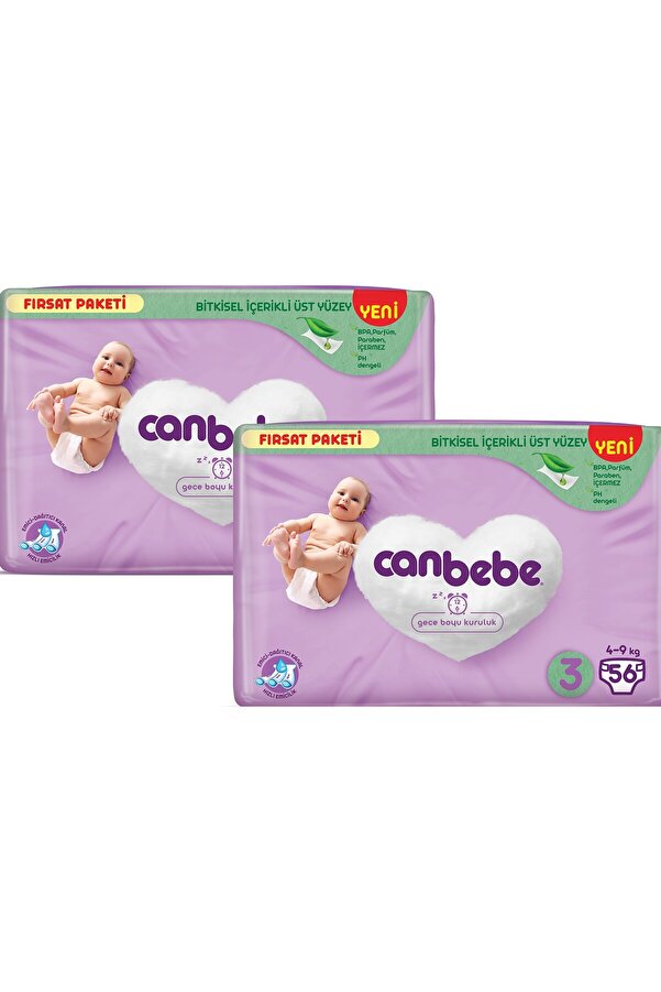 Canbebe Bebek Bezi Fırsat Paketi 3 Beden Midi (4-9 KG) 56 Lı X 2
