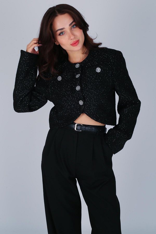 FACETTE-Women's Black Silvery Button Detail Tweed Jacket 1