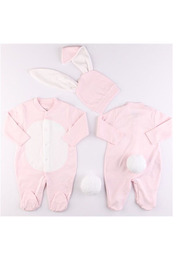 Mini Ropa Pembe Renk Bebek Tavşan Ponponlu Tavşan Kulaklı Tulum Bebek Hediyesi Bebek Fotoğtaf Çekimi Ürünü