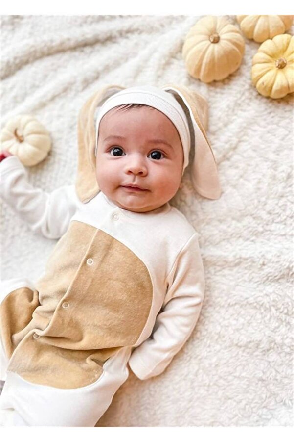 Mini Ropa Ekru Renk Bebek Tavşan Ponponlu Tavşan Kulaklı Tulum Bebek Hediyesi Bebek Fotoğtaf Çekimi Ürünü