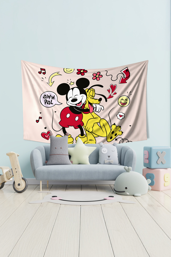 Moud's-Mickey Mouse and Pluto Patterned Children's Room Tapestry - Suede Textured Wall Tapestry 1