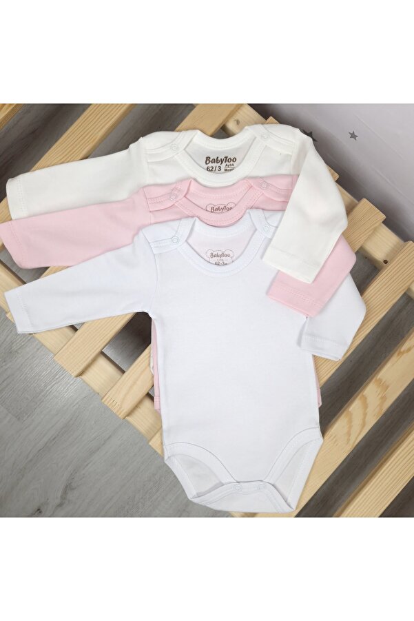 Babytoo 3'lü %100 pamuklu kız bebek uzun kollu çıtçıtlı bisiklet yakalı hastane çıkışı yenidoğan bebek body
