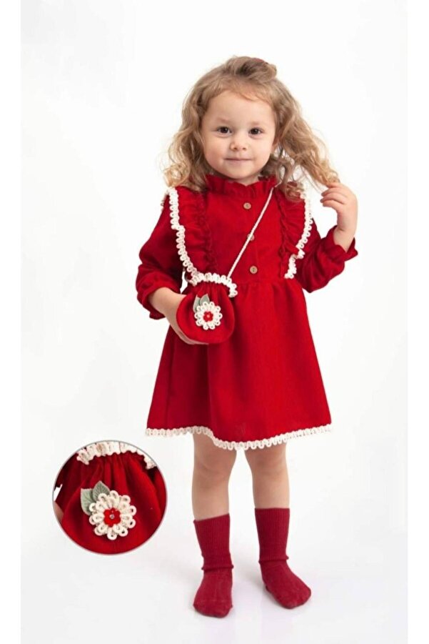 MİNİKO KİDS KIZ BEBEK UZUN KOL PAPATYA DESENLİ ÇANTALI BAYRAMLIK ELBİSE