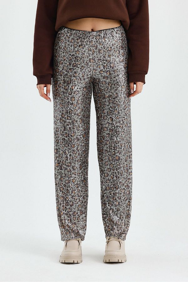 soBasic-Elastic High Waist Inside Lined Sequin Fabric Wide Leg Pants-M - Leopard 1