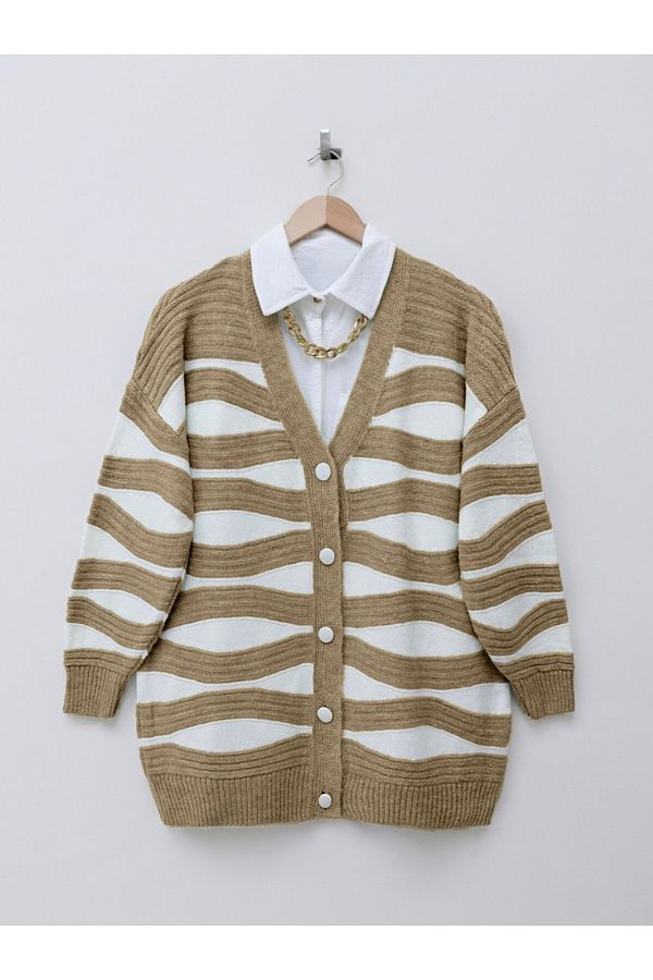 Modamorfo-Wave Pattern Buttoned Soft Knitwear Cardigan - Mink 1