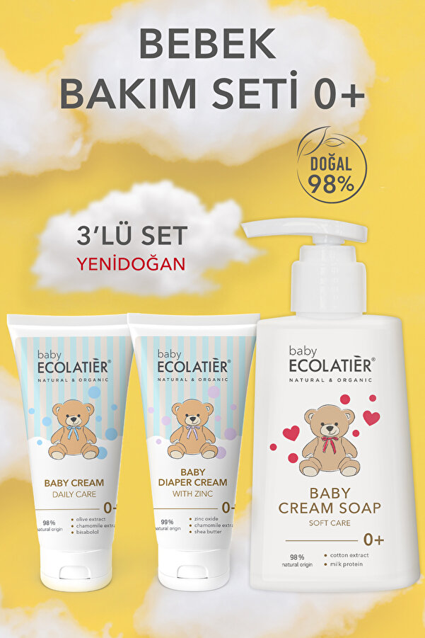 ECOLATIER 3’lü Yenidoğan Bebek Bakım Seti: %98 Doğal Bebek Şampuanı + Nemlendirici Bebek Kremi + Pişik Kremi