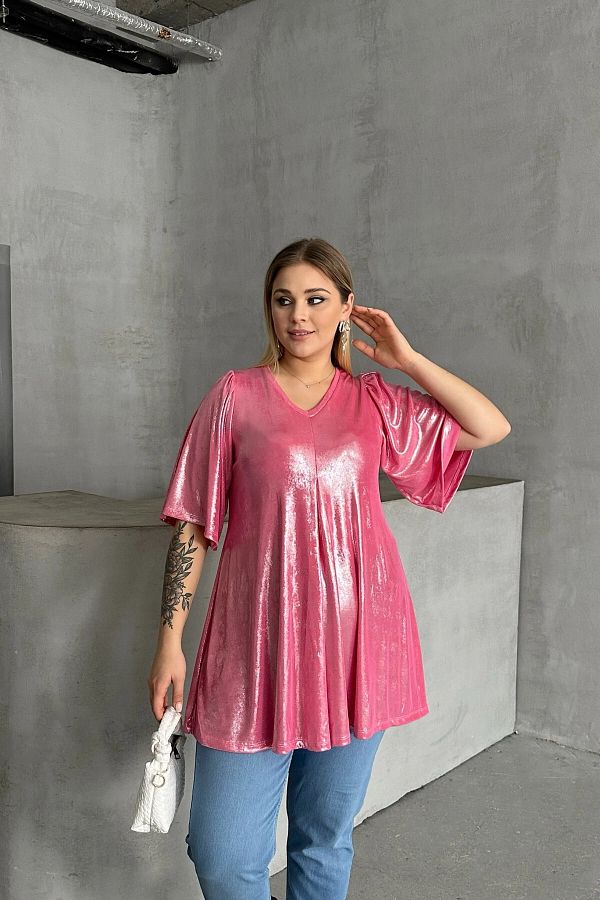 Stil Diva-Bluză cu mânecă scurtă, cu decolteu în V, cu aspect strălucitor 303380 1