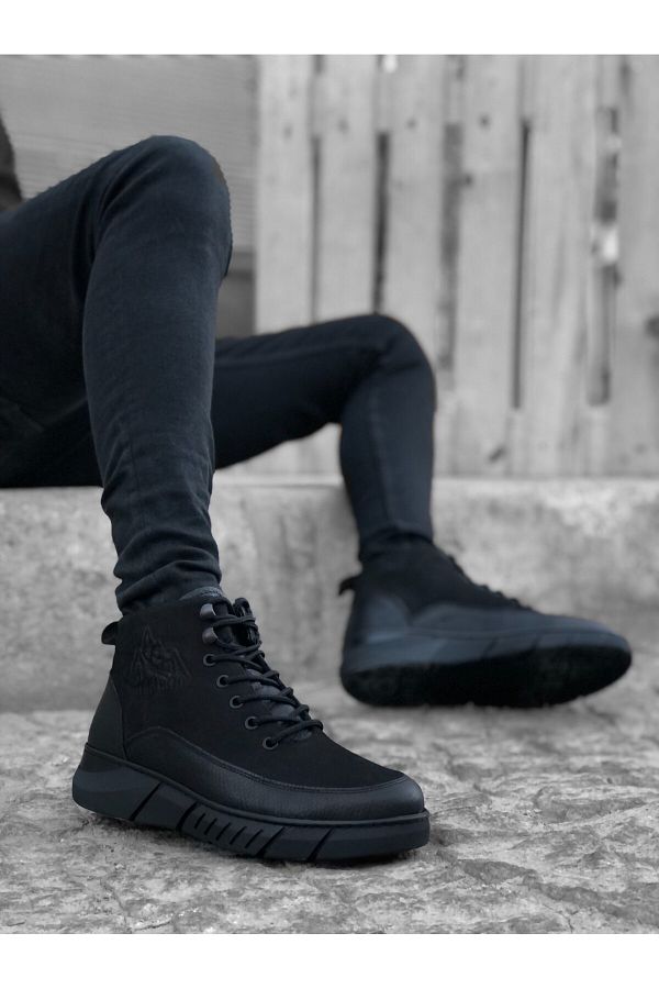 BOA-Ba0219 Inside and Outside Genuine Leather Lace-Up Black Men's Sports Half Ankle Boots 1