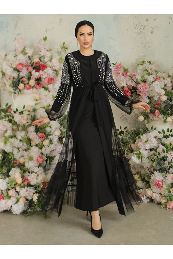 Modamorfo-Doppeltes Abaya-Set mit Perlenärmeln und Steinen – Schwarz 1