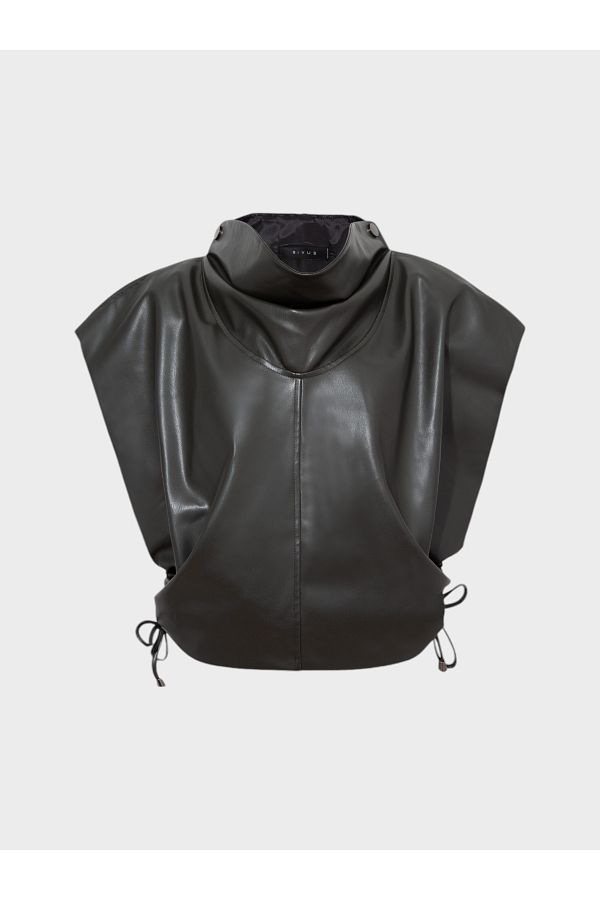 RİVUS-Sleeveless Leather Vest with High Collar - Khaki 1
