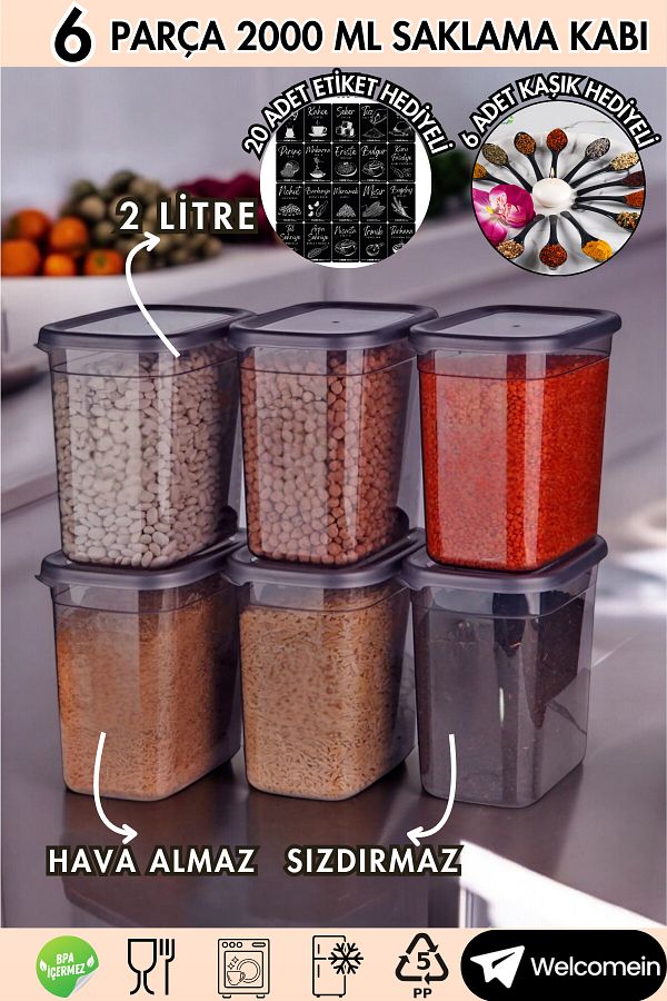 welcomein-Set of 6 Leak Proof 2000ml Rectangular Food Storage Containers 20 Pieces - Labels - 6 Pieces of Spoons - 2 Liters 1