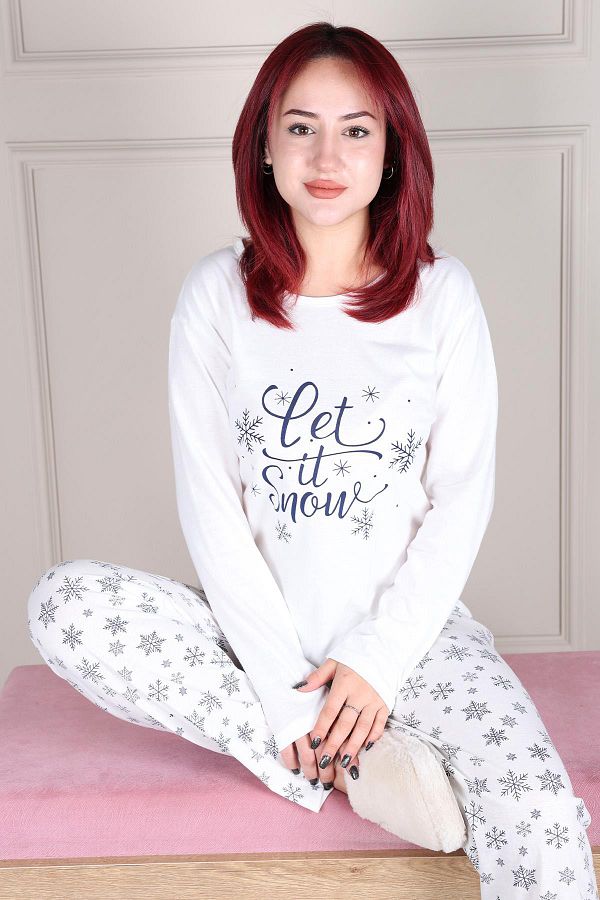 Niket Life-White "Let It Snow" Long Sleeve Pajamas Set with Slogan and Snowflake Print 1