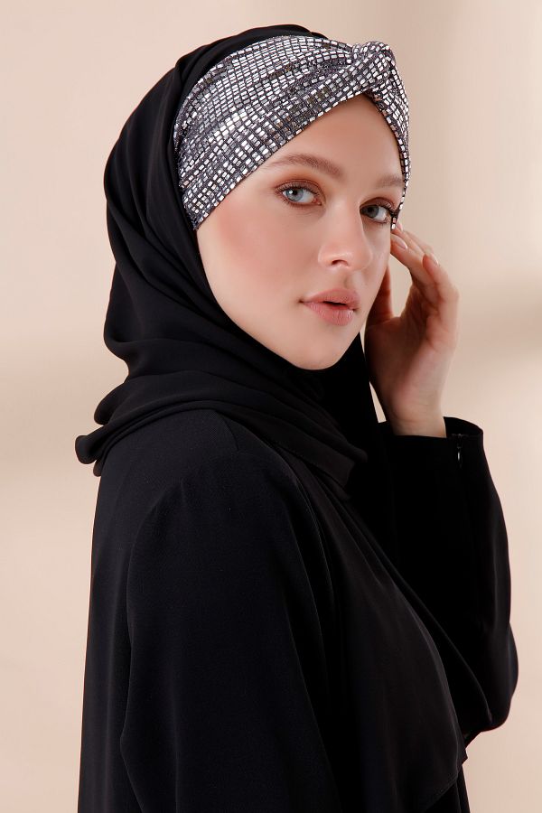 Differenza-Black Crepe Ready Shawl - Mirror Sequin Knot 1