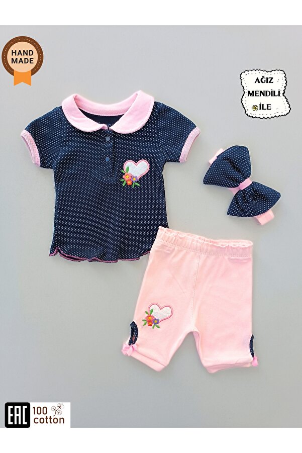 Tomuycuk Kız Bebek Pembe & Lacivert Puantiyeli Tokalı 3'lü Takım - %100 Pamuk Alt Üst Takım - Uzayın Kalbi