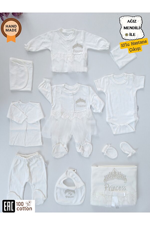 Tomuycuk Yenidoğan 10'lu Hastane Çıkışı %100 Pamuklu Özel Tasarım Mevsimlik Nakışlı Kız Bebek Ekru Hediyelik