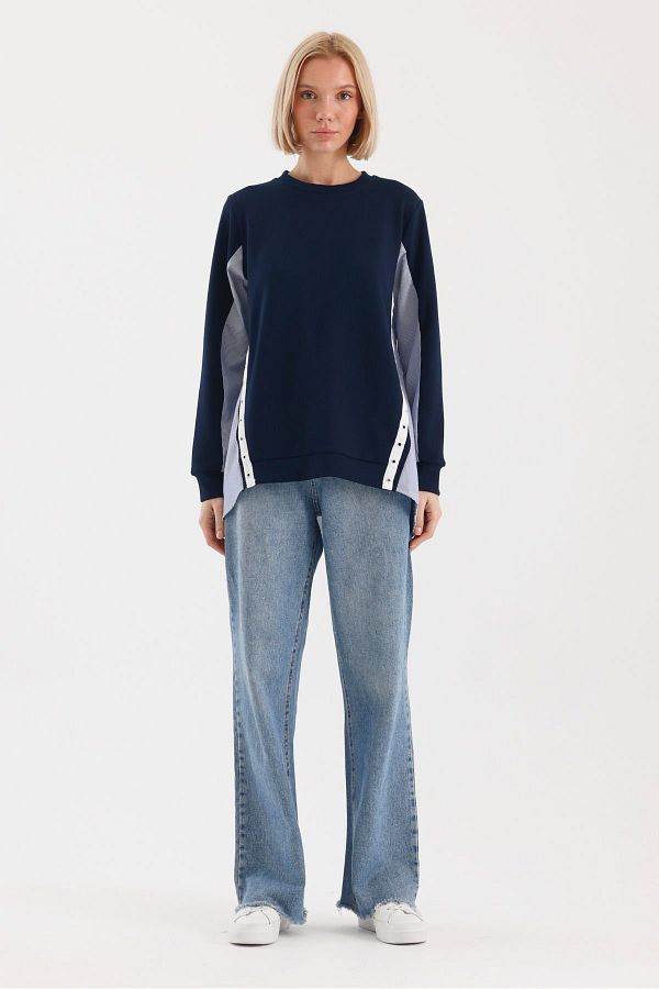 soBasic-Μπλε Navy Relaxed Sweatshirt - Casual Style, Color Block, Ύφασμα Poplin, Bird Eye Detail - M 1